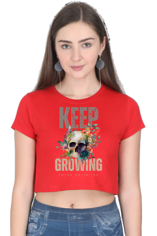 Crop Top - Beige Watercolor Illustration Skull and Flowers