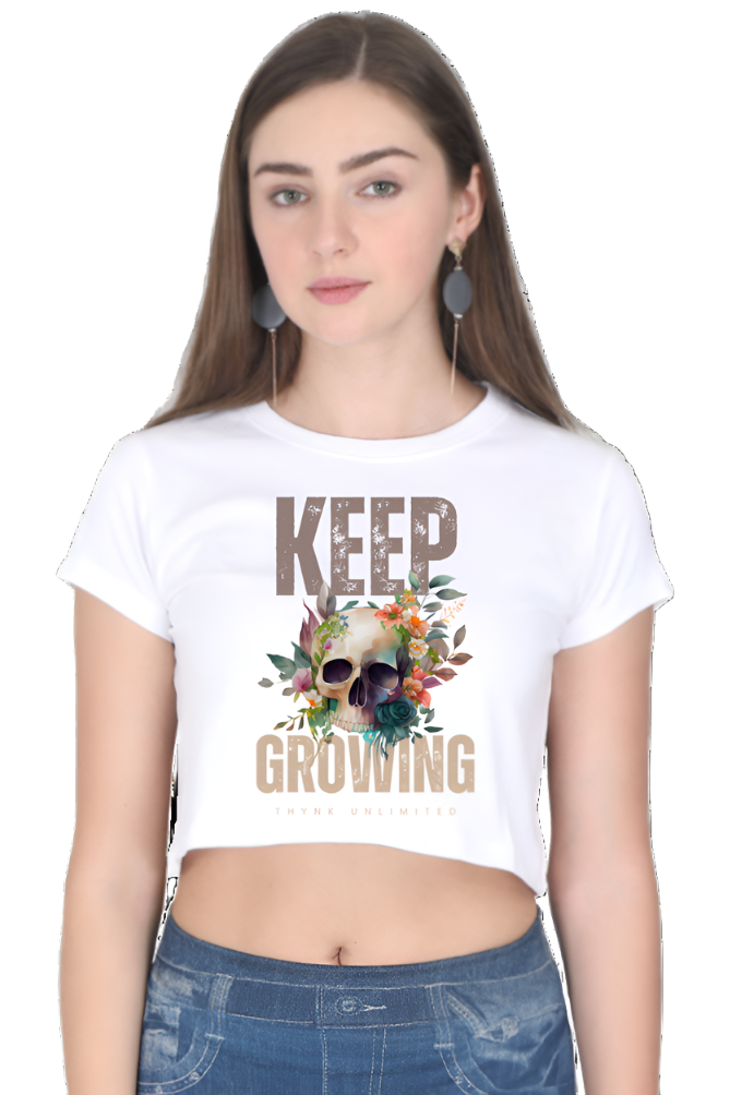 Crop Top - Beige Watercolor Illustration Skull and Flowers