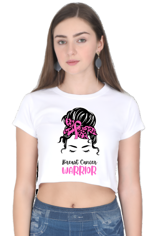 Crop Top -Pink Illustration Woman Messy Bun Breast Cancer Warrior Quote