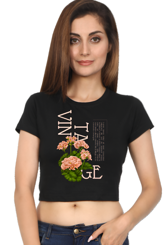 Crop Top - Pink Black Illustrative Typographic Vintage Floral