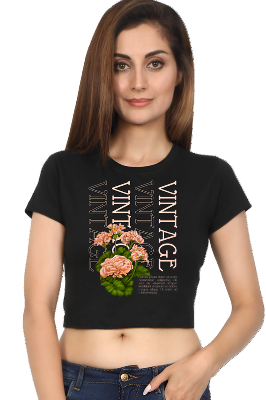 Crop Top -Pink Black Illustrative Typographic Vintage Floral