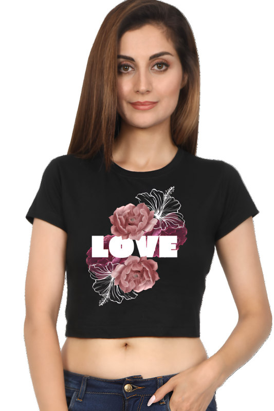 Crop Top - Retro Bold Black Urban Floral Love Typography