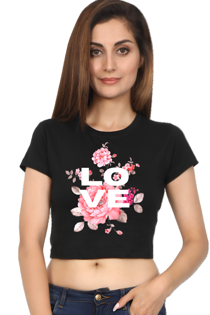 Crop Top -Vintage Black Pink Love Flowers