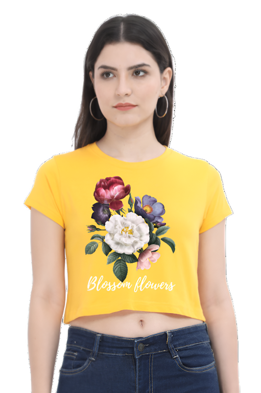 Crop Top - Black White Colorful Illustration Blossom Roses