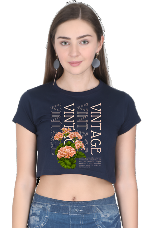 Crop Top - Pink Black Illustrative Typographic Vintage Floral