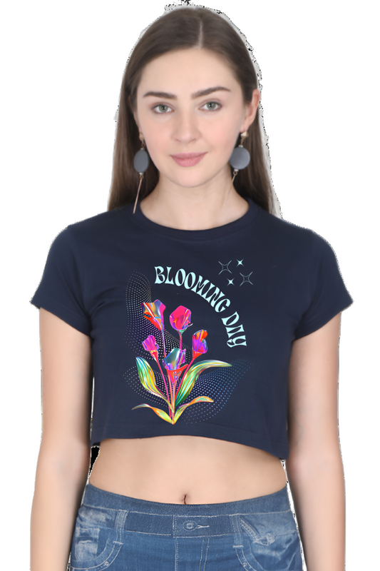 Crop Top - Pink and Blue Retro Holographic Chrome Flower Blooming Day