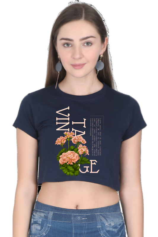 Crop Top - Pink Black Illustrative Typographic Vintage Floral