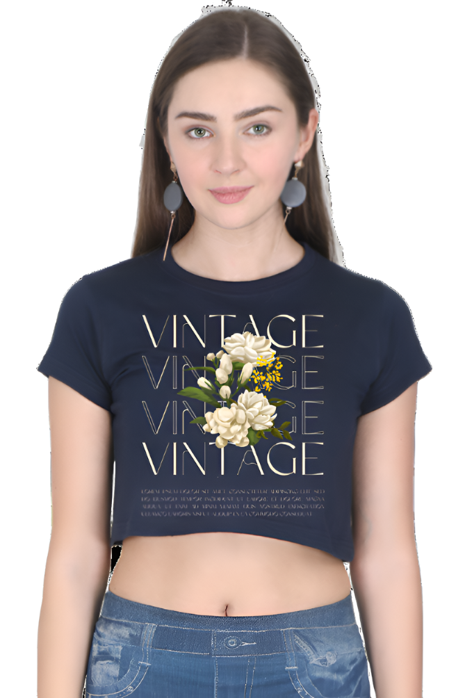 Crop Top - Black and Cream Illustrative Vintage Floral