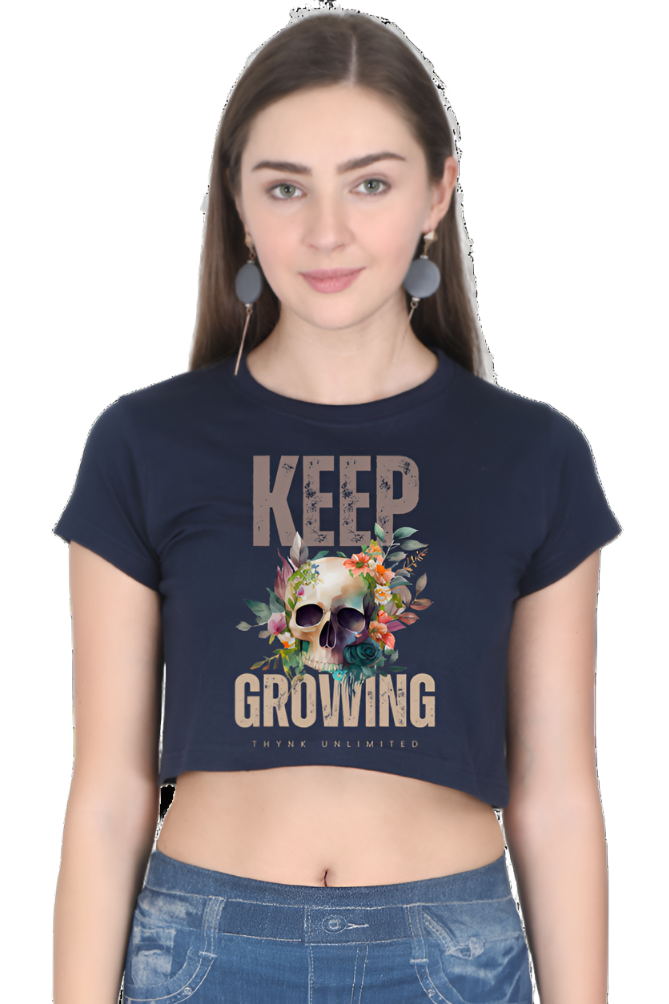 Crop Top - Beige Watercolor Illustration Skull and Flowers