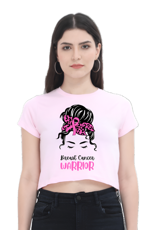 Crop Top - Pink Illustration Woman Messy Bun Breast Cancer Warrior Quote