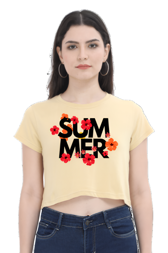 Crop Top -White Illustrated Floral Summer