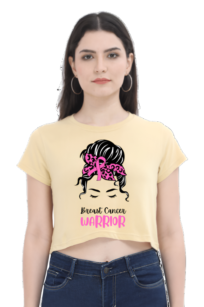 Crop Top -Pink Illustration Woman Messy Bun Breast Cancer Warrior Quote